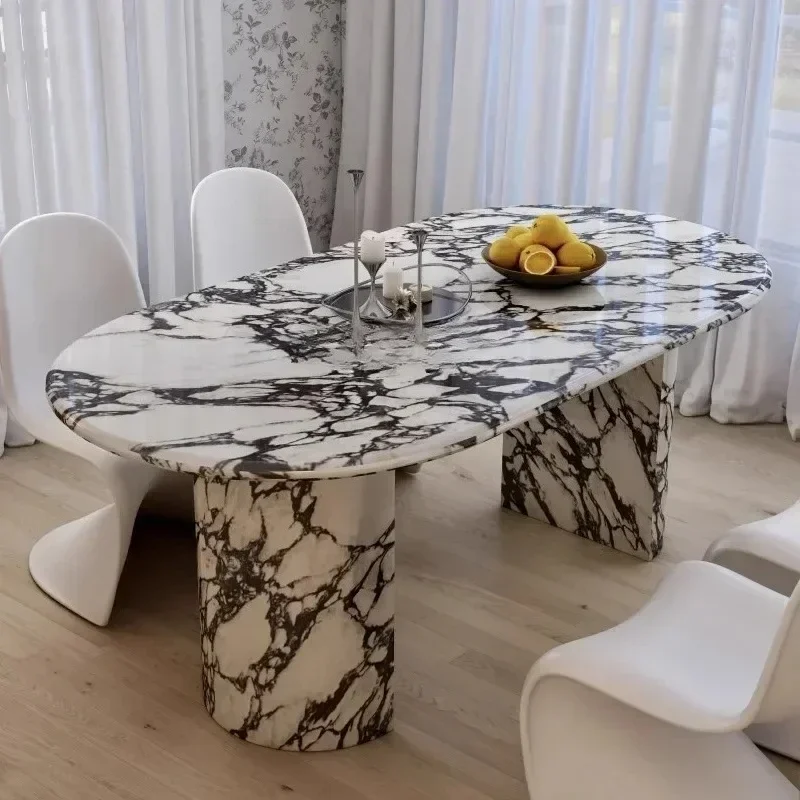A French round marble dining table thickened retro small apartment oval dining table and chairs5236