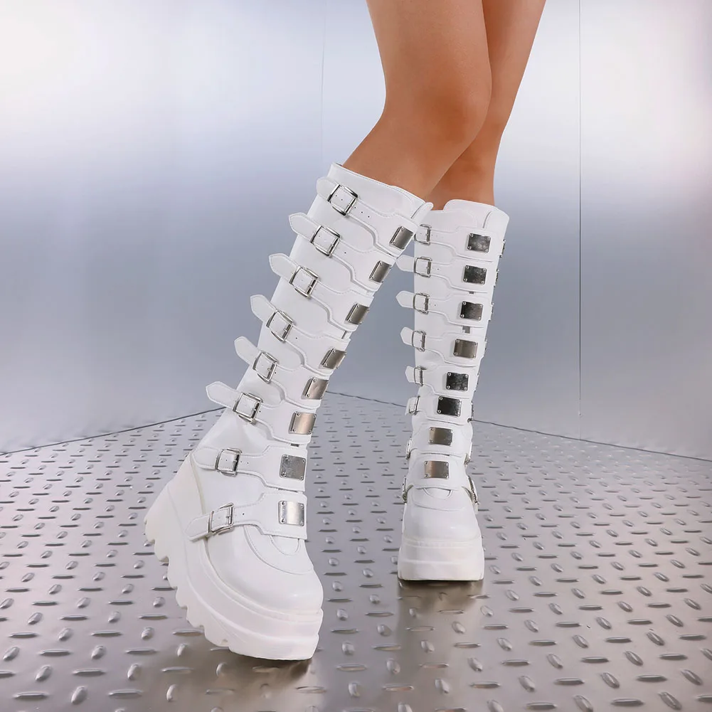 المرأة Y2K القوطي حذاء برقبة للركبة موضة تأثيري الشرير مشبك معدني أسافين عالية الكعب عودة زيبر جولة تو منصة الخريف الأحذية
