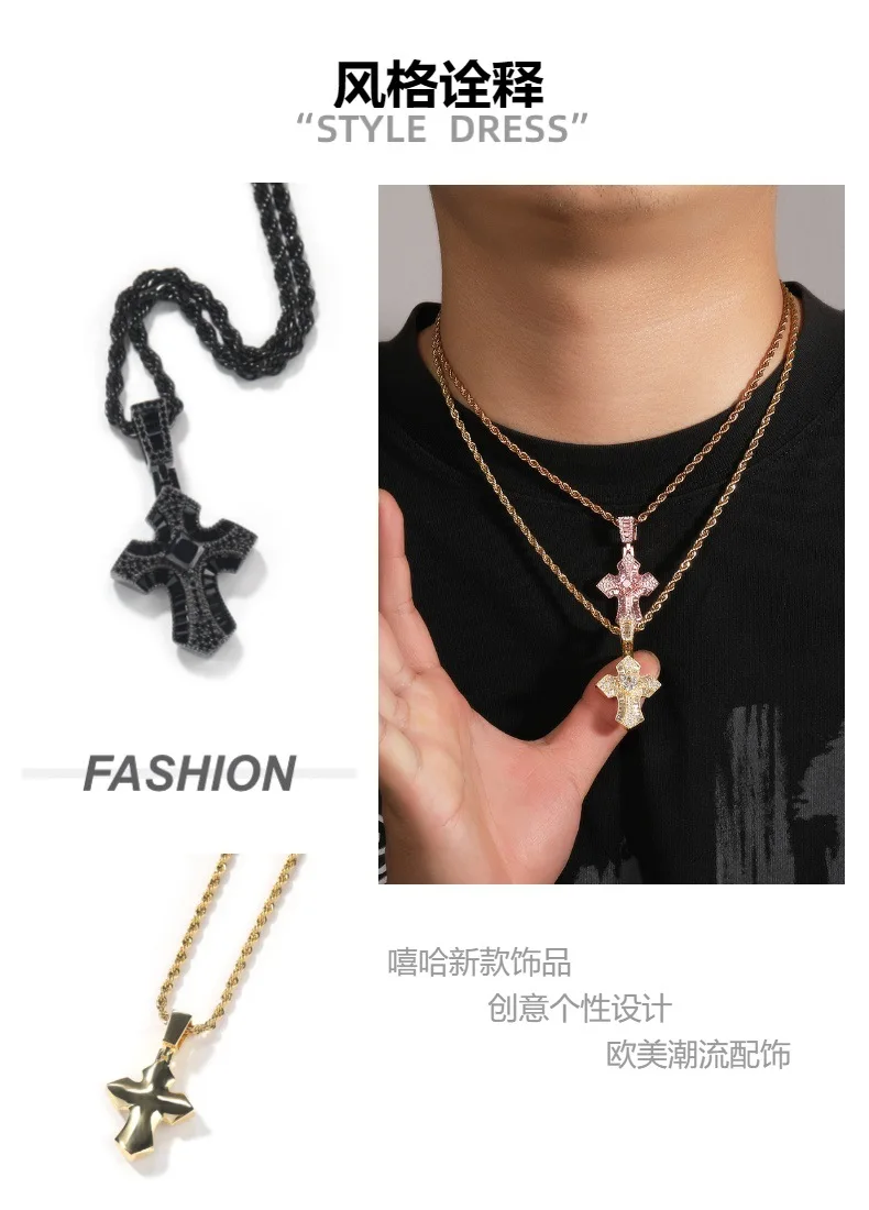 New Wide Small Cross Bling Bing Iced Out Pendant Necklace Mirco Pave Prong Setting Rock Rapper Fashion Hip Hop Jewelry BP261