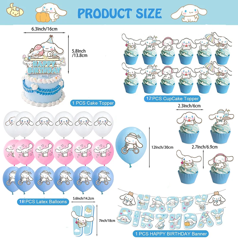 32pcs Blue Cinnamoroll Balloons Set Sanrio Themed Party Banner Cake Cupcake Toppers Baby Shower Kids Birthday Party Decorations