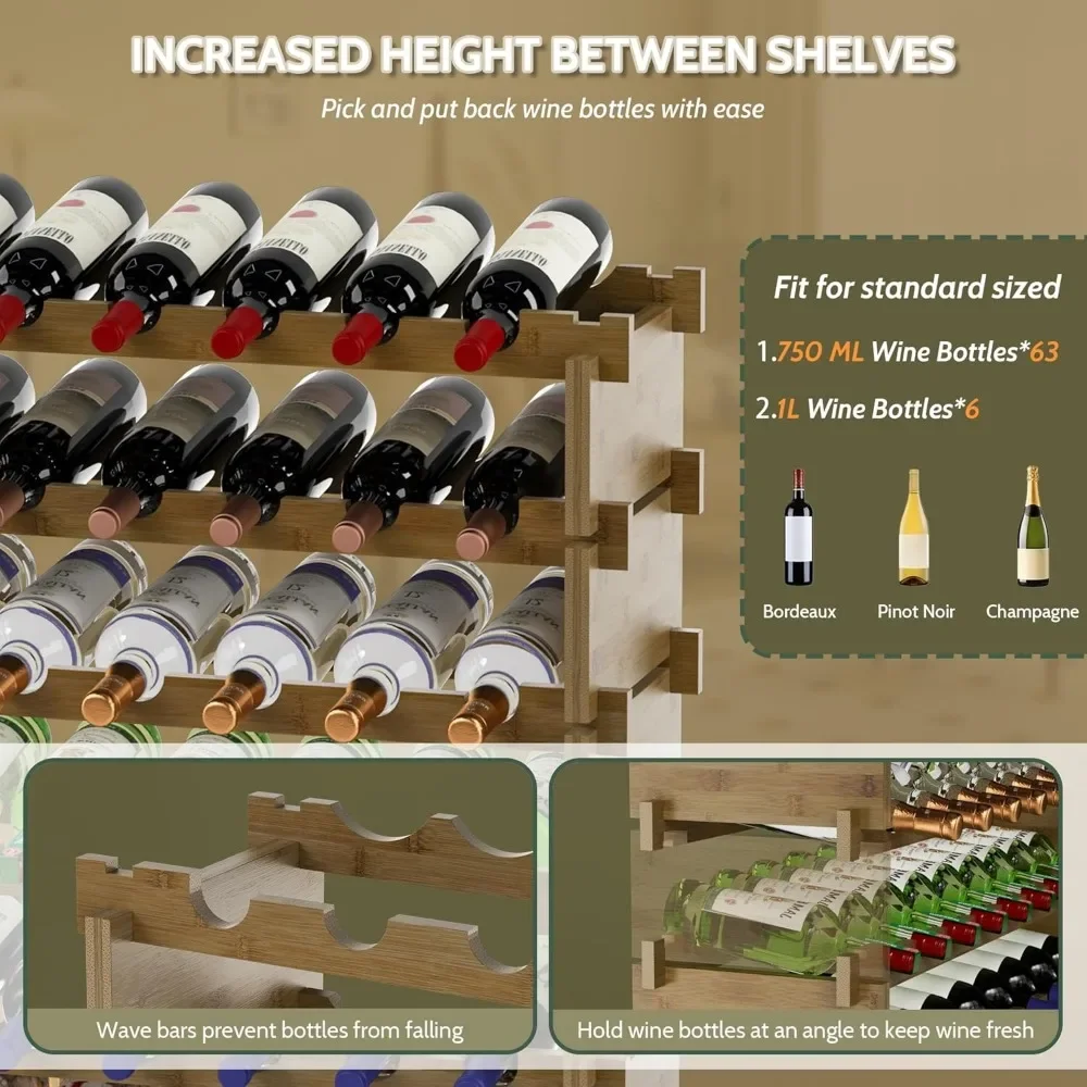ชั้นวางไวน์อิสระชั้น,ไม้ไผ่ 8 ชั้น 69 ผู้ถือขวดไวน์ Racks เคาน์เตอร์ตู้จอแสดงผล,ไม้ชั้นวางไวน์