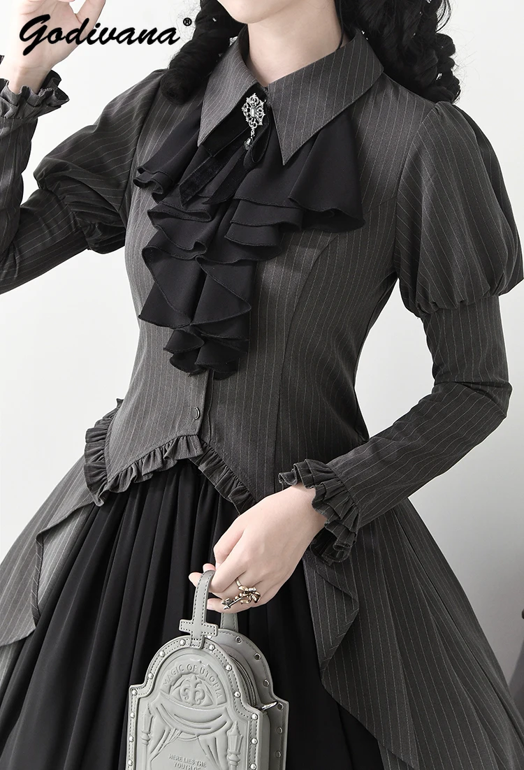 جديد الخريف القوطية المحكمة نمط المرأة الرجعية طويلة الأكمام مخطط يرتدى قميص لوليتا تنورة قطعتين مجموعة ملابس لوليتا الإناث