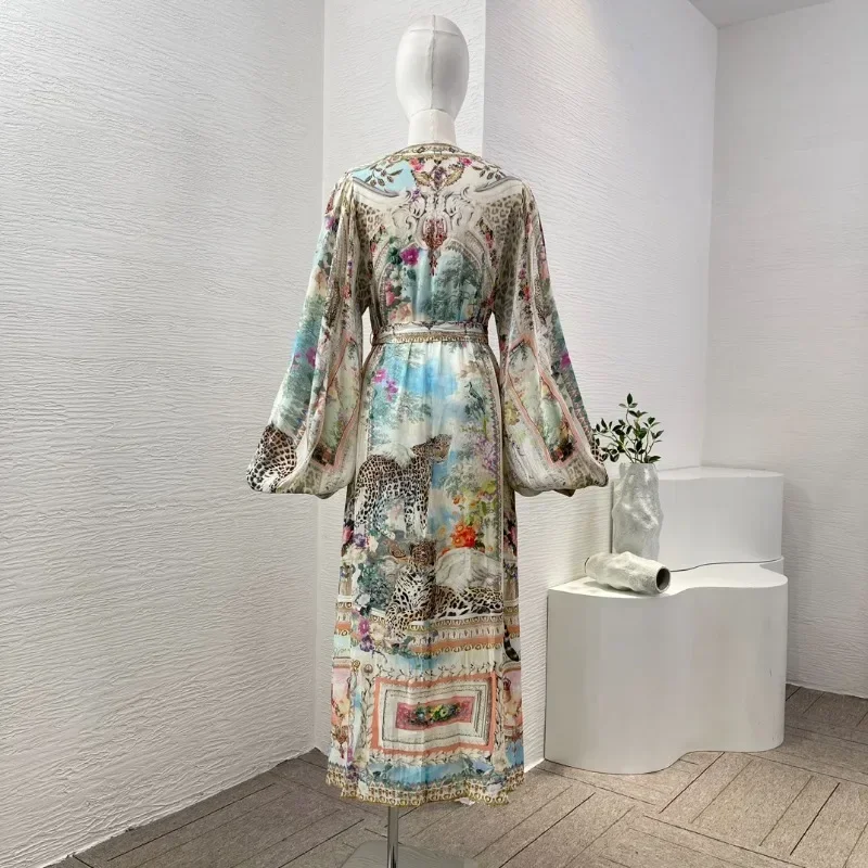 2024 silk elegant new high quality women self tie belt blue floral print deep V-neck lantern sleeve loose midi dress