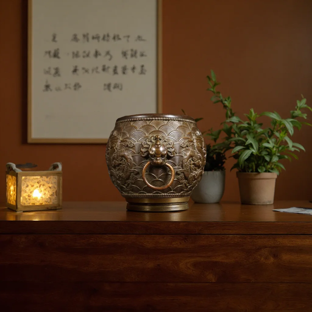 Pure Copper Double Dragon Playing with Pearl Double Ring Lion Head Dragon Pattern Vase Home Desktop Ornament Collection