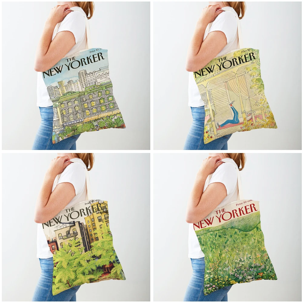 New Yorker City Magazine Women Shopping Bags Double Print Casual Shopper Bag Vintage Lady Canvas Tote Leaf Flower Handbag