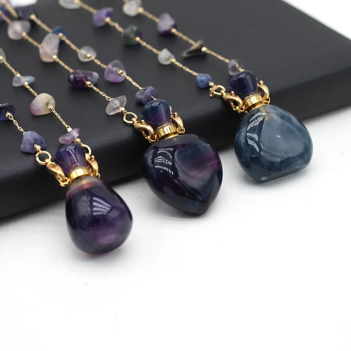 Reiki Natural Stone Amethyst Perfume Bottle Women Essential Oil Diffuser Pendant Gravel Chain DIY Necklace Jewelry Gift