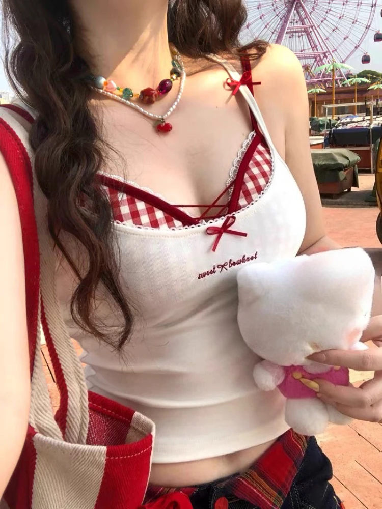 Summer Sweet Fashion TwoPiece Set Plaid Cross Bra Suspender Vest Pure Hot Girl Top Women New Slim Design Set Chic