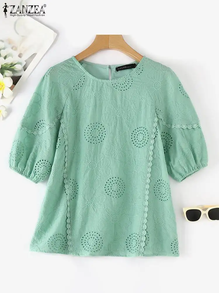 ZANZEA Women Elegant Hollow Out Embroidery Blouses 2024 Summer Casual Loose Lace Trim Half Sleeve Blusas Patchwork Shirts Femme