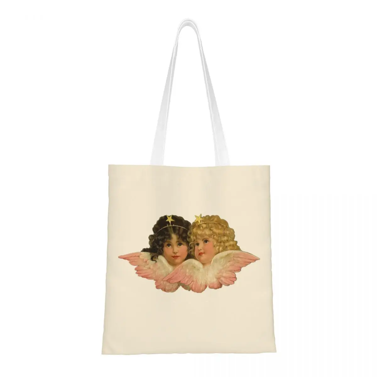 Vintage Cherub Angelic Angels Wearing Crowns Canvas Tote Bag Aesthetic Large Capacity Casual Bags for Unisex