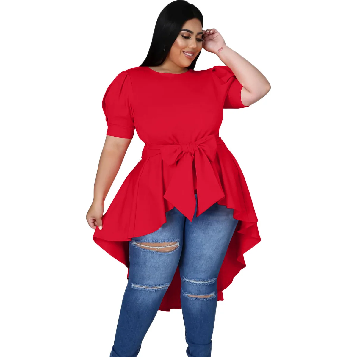 Women\'s Plus Size Dresses Fashion Bow Irregular Dress Elegant Solid Color Large Size Female Short Sleeve T-shirt Casual Commuter