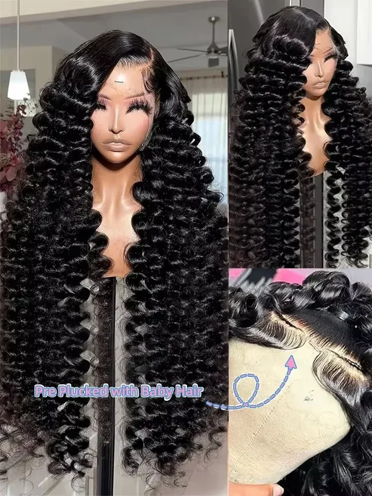 Peluca con malla frontal para mujeres negras, pelo de bebé, suave, prearrancado, 26 pulgadas de largo, Color negro, ondulado profundo, rizado, 180 de densidad, línea de cabello Natural