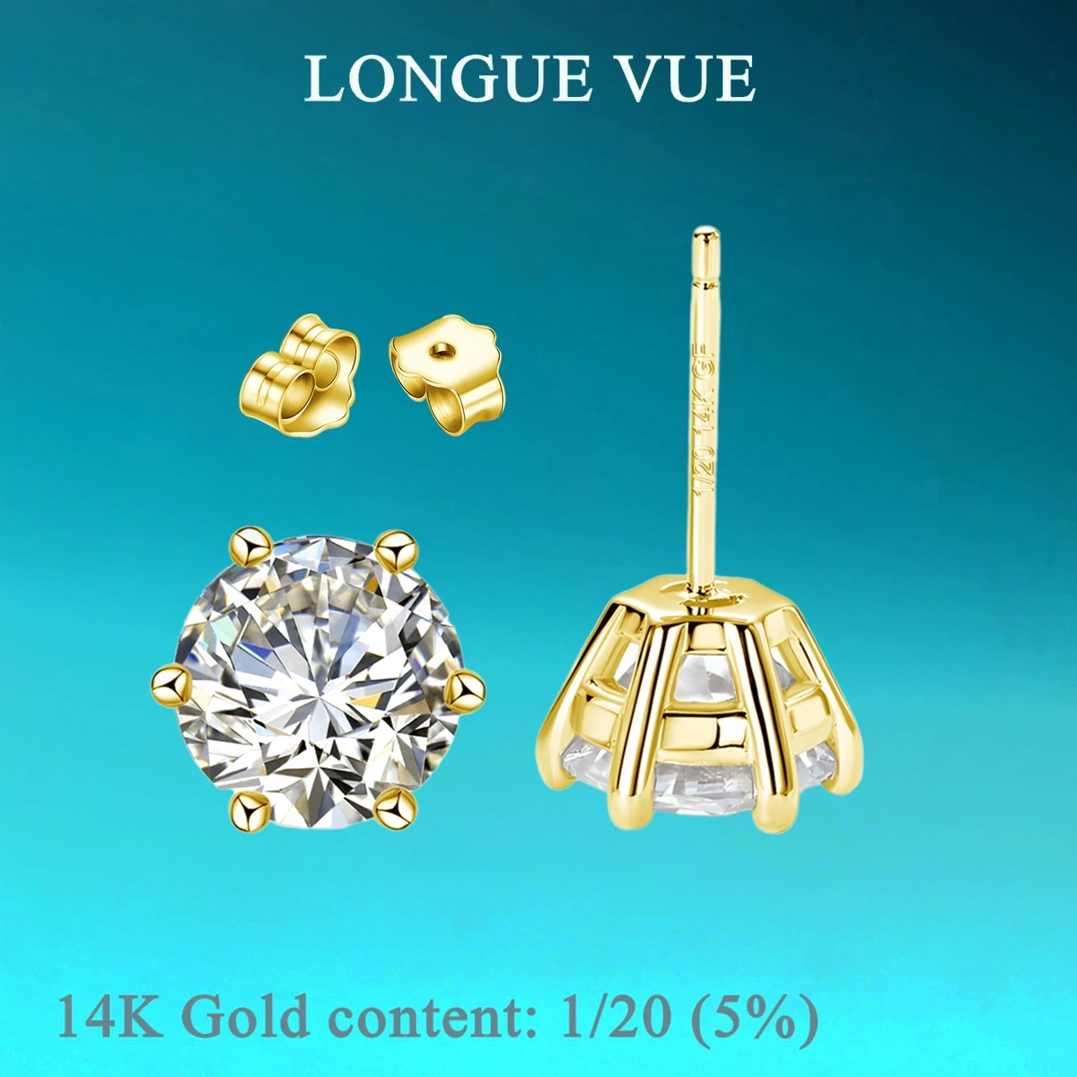 

Classic Moissanite Stud Earrings, 14K Gold Filled 4/6 Prongs D Color Round Cut Lab Created Diamond Wedding AU585 K Gold Ear Stud