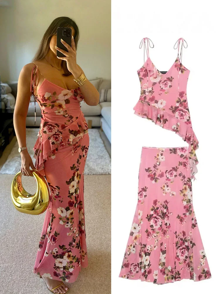 HH Vrouwen Zomer Bloemen Prints V-hals Mouwloos Asymmetrie Versieren Top + Mode Hoge Taille Geplooide Lange Rok 2-delige Set