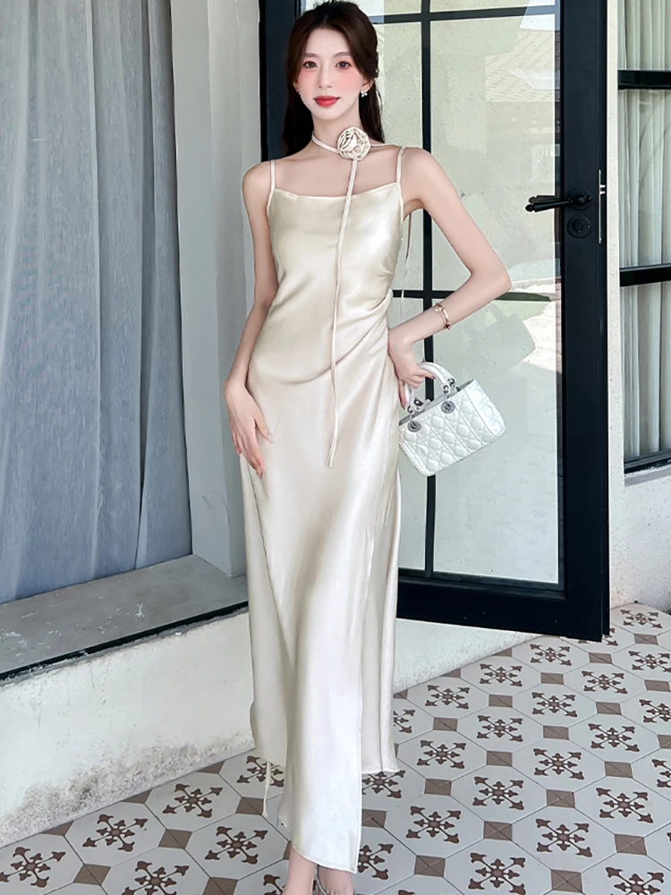 Frauen Grün Jacquard Satin Chic Sling Sexy Langes Kleid Sommer Elegante Casual Urlaub Kleid 2025, Koreanische Mode, Figurbetontes Abendkleid