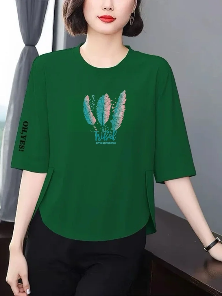 

Casual Printed T-Shirt Women's Loose Fit Seven Sleeve Belly Covering Anti-Aging Breathable Polyester Fiber round Neck Top