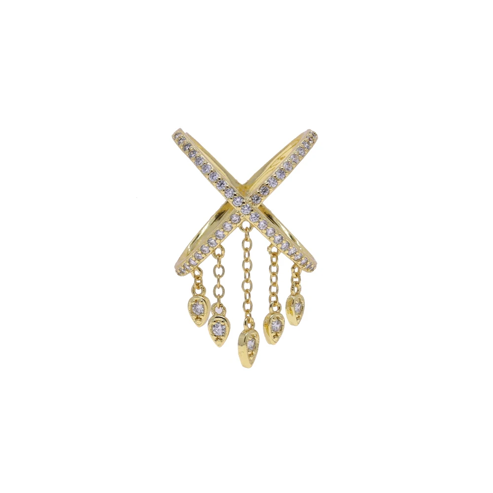 2026 New Gold Color Criss Cross X Cross Rings Micro Pave Bling Cubic Zircon Drop Cz Tassel Rings Women Finger Jewelry
