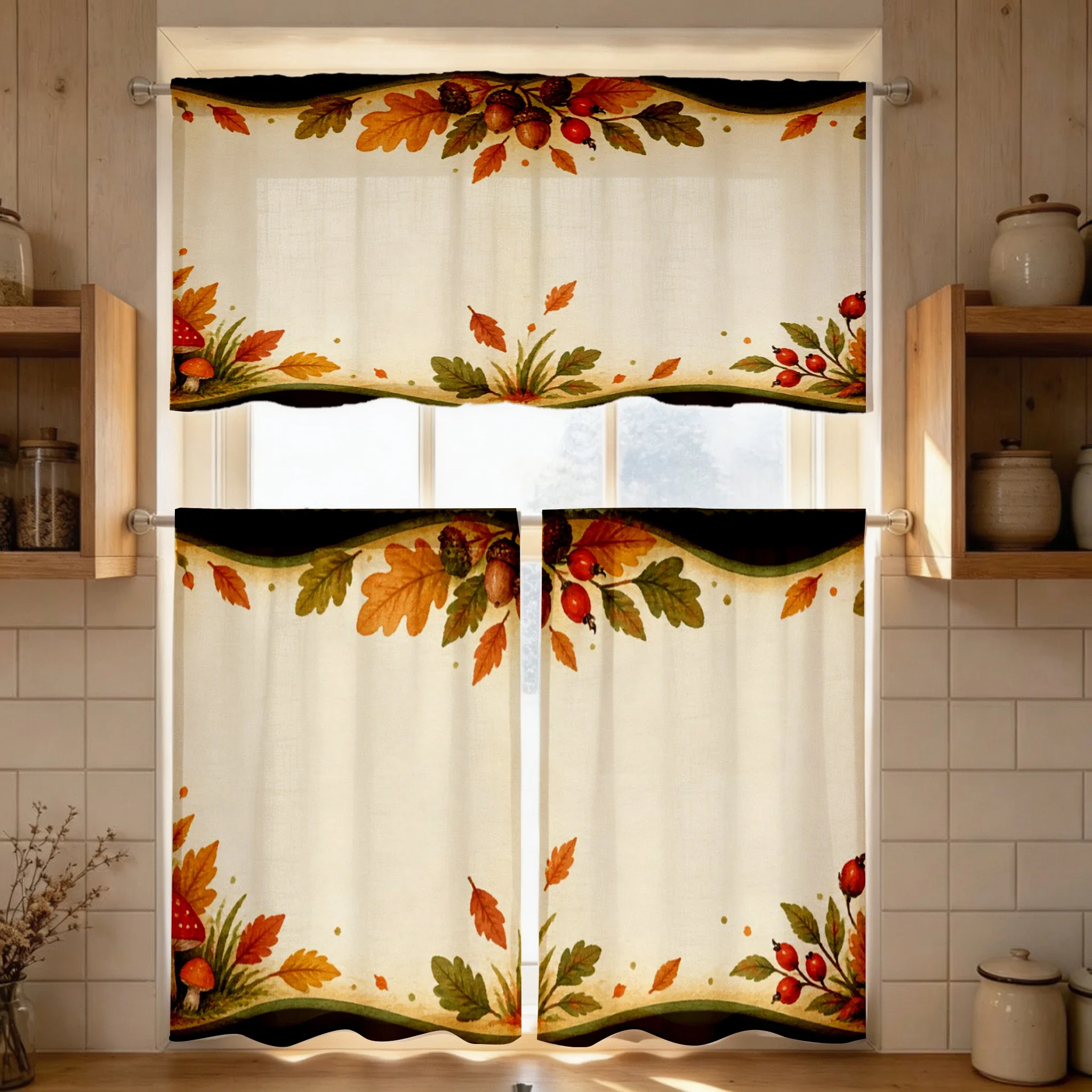 Thanksgiving Fall Kitchen Curtains, Black Leaf Acorn, Digital Print, Kitchen Dining Room, Rod Pocket Polyester, Home Decor