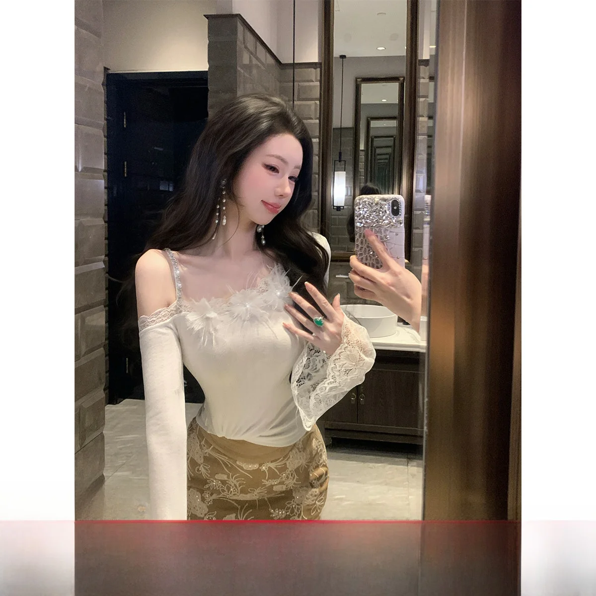 

Женский топ Sy Cloud с длинными рукавами-колокол из перьевой ткани и кружева, вязаный, повседневный, с высокой талией