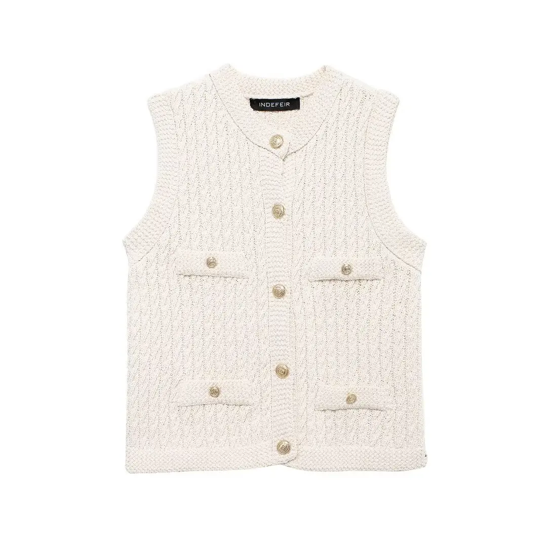 TRAFZA Female Elegant Vest Solid O-Neck Sleeveless Golden Button Single Breasted Sweater Tops Summer Women's Knitted Tops Mujer