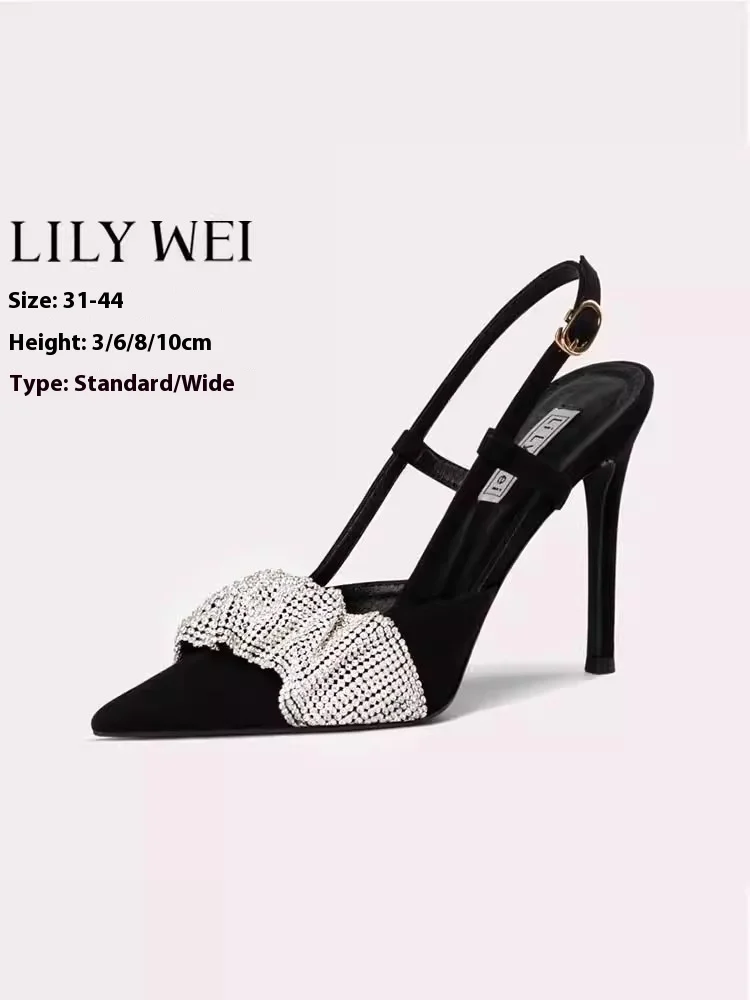 

Босоножки на тонком высоком каблуке на низком каблуке, весенне-летние заостренные замшевые женские туфли со стразами, большие размеры, расширенные женские туфли маленького размера