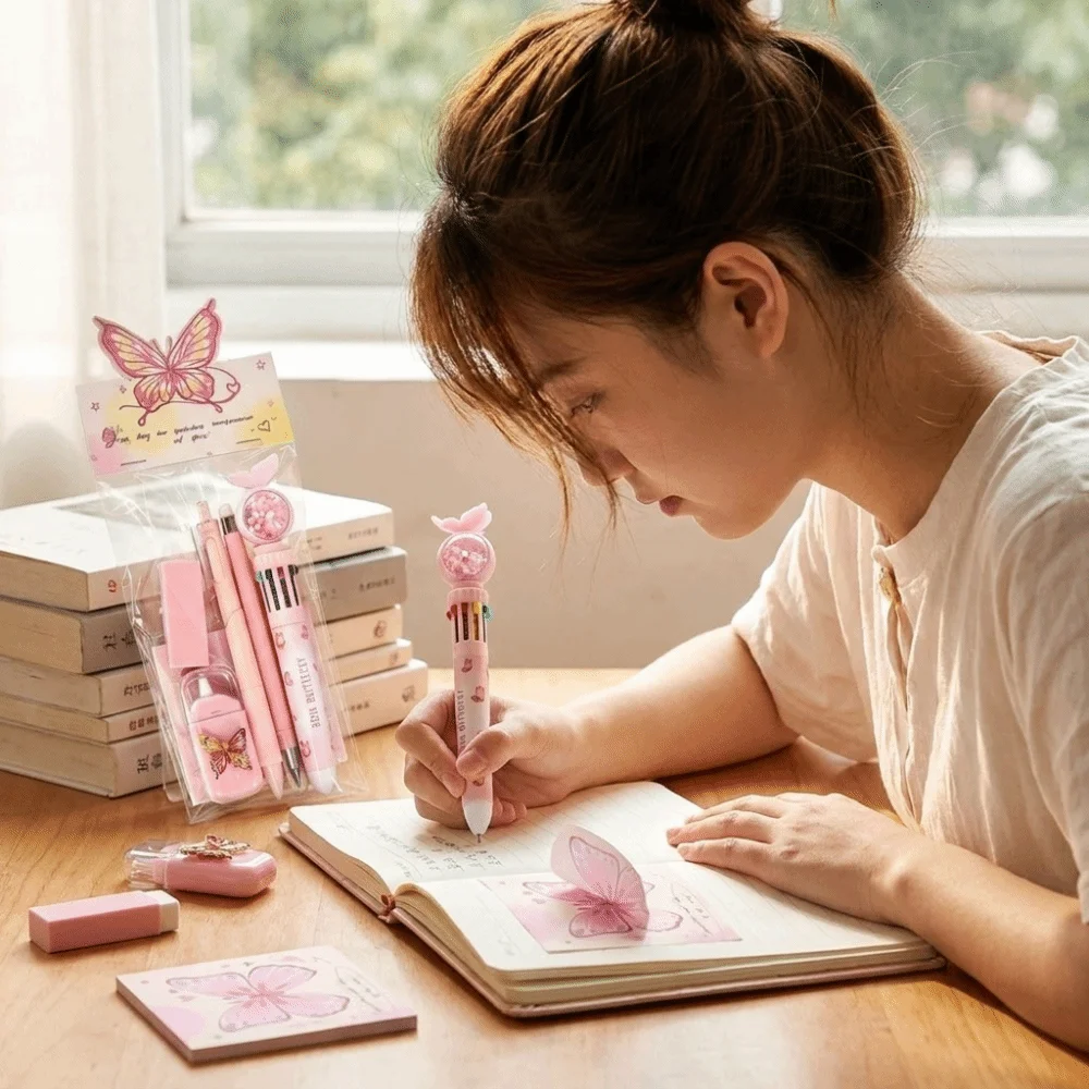 Retractable Gel Pens Butterfly Stationery Set Everlasting Pencil Sticky Notes School Supplies Kit Multi-Style Correction Tape