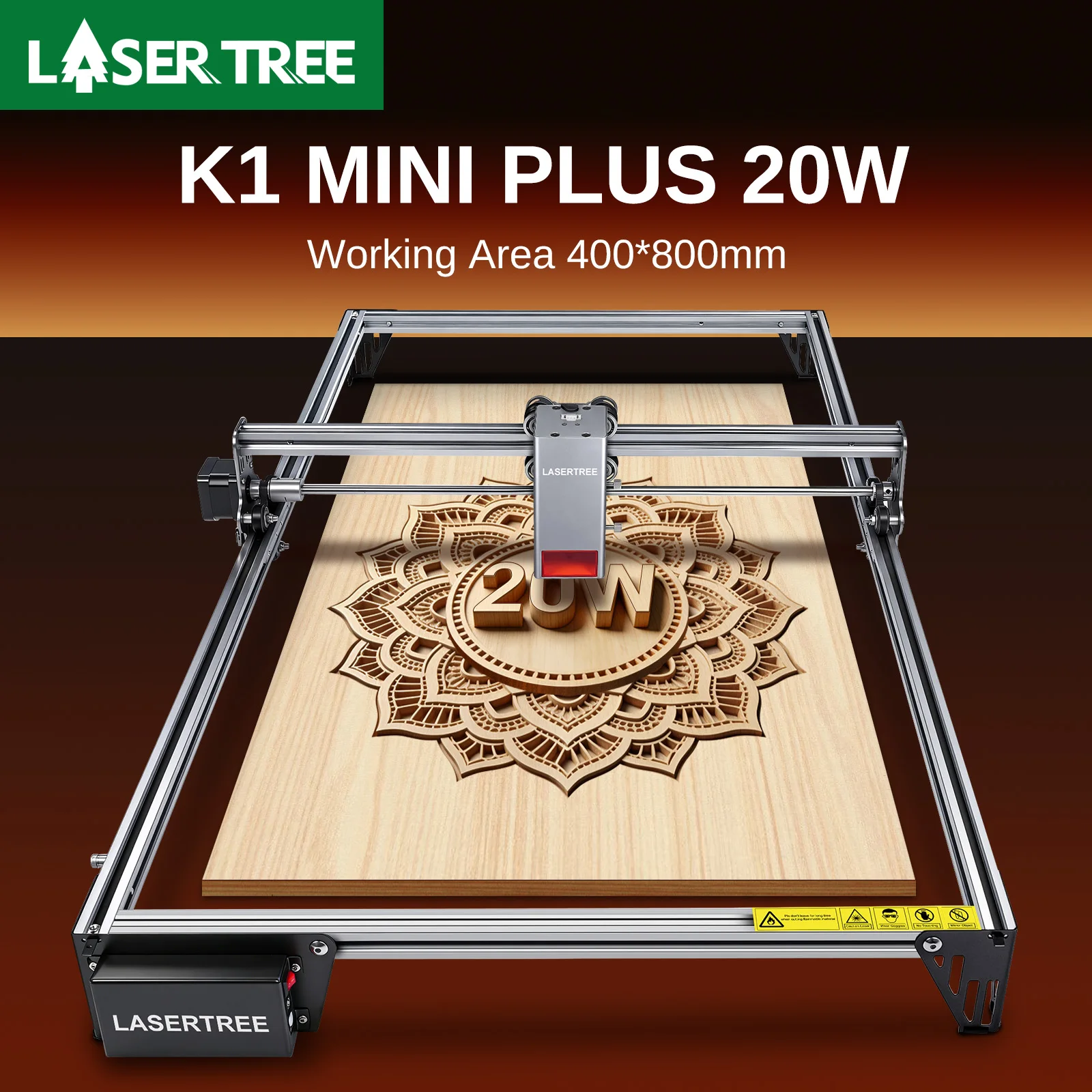 Grabador Láser LASER TREE K1 MINI PLUS con Módulo Láser de 20W, Máquina de Grabado y Corte Láser para Trabajar Madera, Área de Trabajo 400x800mm