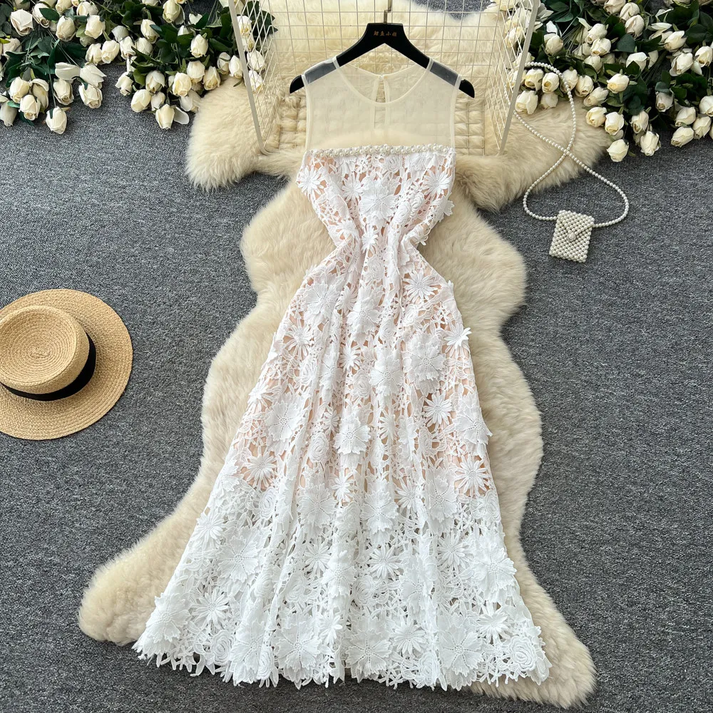 

Chic Lace Hook flower hollow Sleeveless Elegant Dress Korean Fashion Vintage Dresses Women Clothing evening dress
