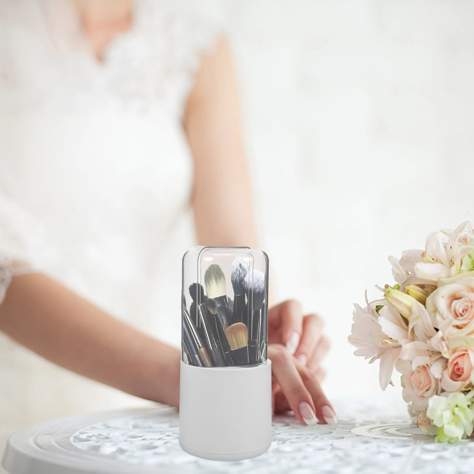 

Makeup Brush Storage Box Holder Organizer with Lid Desktop Vanity Clear Protective Large Capacity Rotating