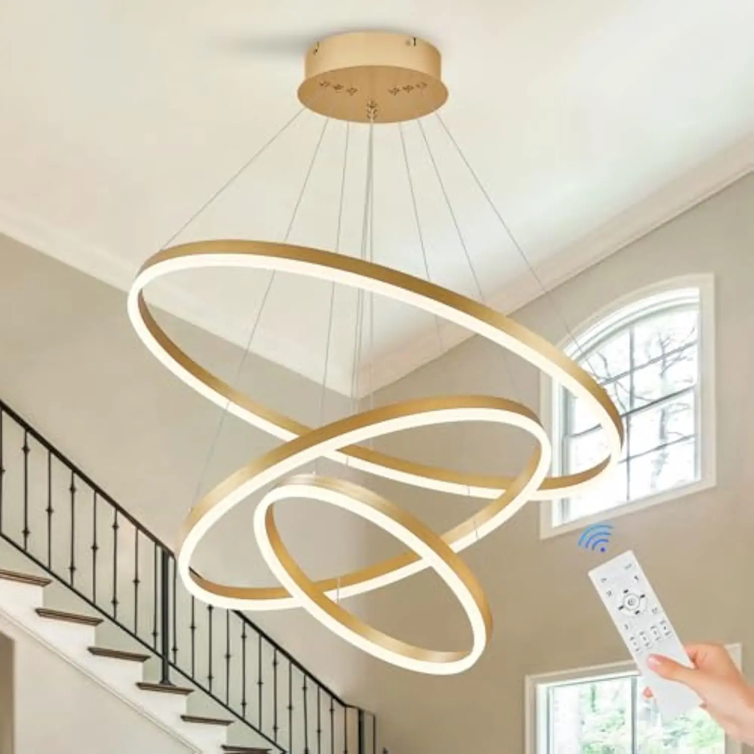 

3-Rings Modern Led Chandelier Gold, Dimmable Pendant Lighting with Remote Control Circular Flush Mount High Ceiling Light for L