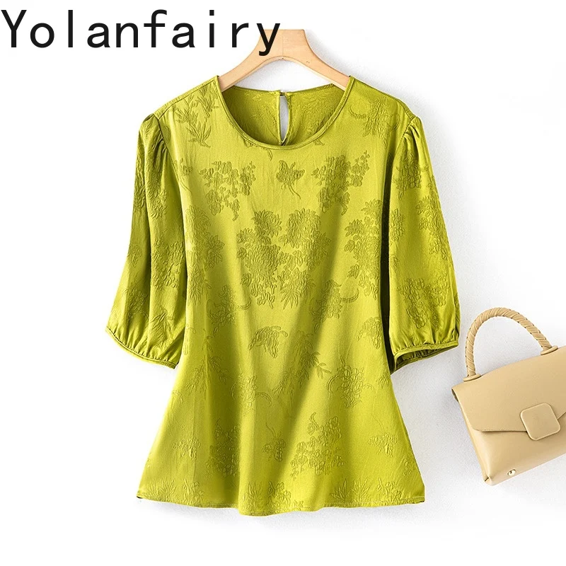 YOLANFAIRY New 93% Mulberry Silk Woman T Shirts Round-neck Elegant T Shirt Dames Satin Jacquard Summer Womens Tops Puff Sleeve