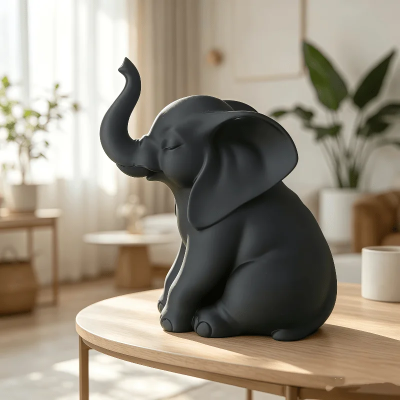 Resin Elephant Figurine Black Matte Elephant Statue Home Desktop Decor Ornament Modern Living Room Tabletop Decoration Gift