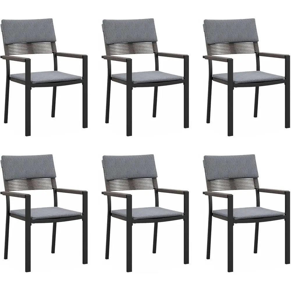 

6-Piece Wicker Outdoor Dining Set with Metal Frame and Armrests, Weather-Resistant Patio Chairs for Deck, Porch, or Yard in Grey
