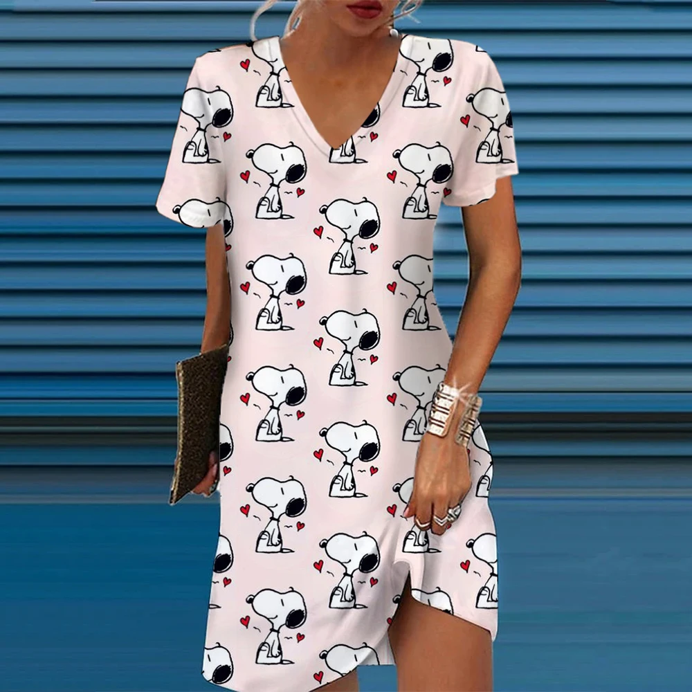 Disney Snoopy A-line V-neck Dresses For Woman Summer 3D Print Clothing Cartoon Women\'s Beach Dress Cute Sexy Beach Cool Top