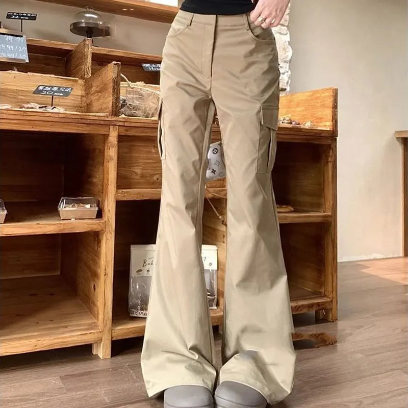 Safari Style American Bootcut Pants Female Clothing Retro Autumn Winter High Waist Button Hotsweet Stylish Multi-Pocket Trousers