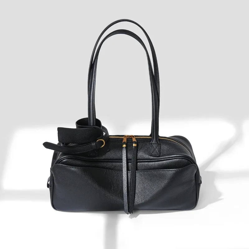 

Women's cowhide bowling bag, genuine leather armpit bag, large capacity commuting handbag, single shoulder pillow bag