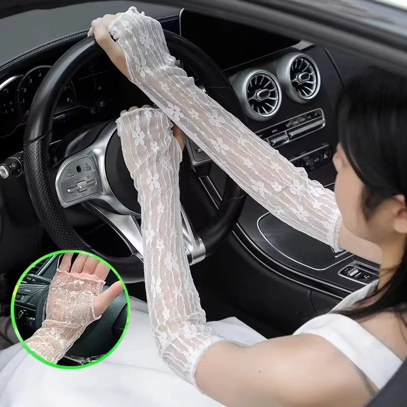 Summer Long Fingerless Gloves Women Sun Protection Sleeves Gloves Lady Thin Lace Mesh Arm Sleeve Sunscreen Uv Breathable Mittens