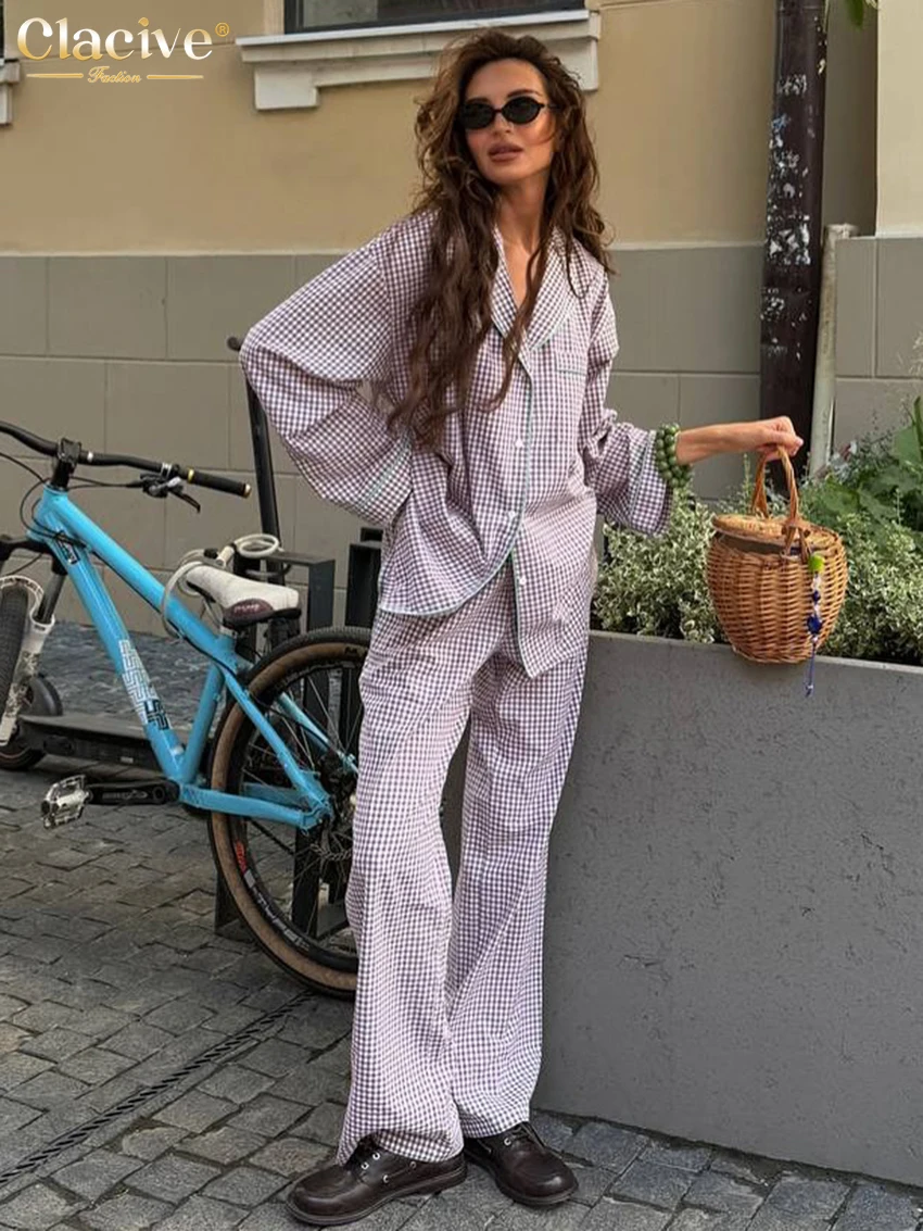 

Clacive Fashion Loose Plaid 2 Piece Set Women 2025 Elegant Long Sleeve Shirt With High Waist Wide Pants Set Female Clothing