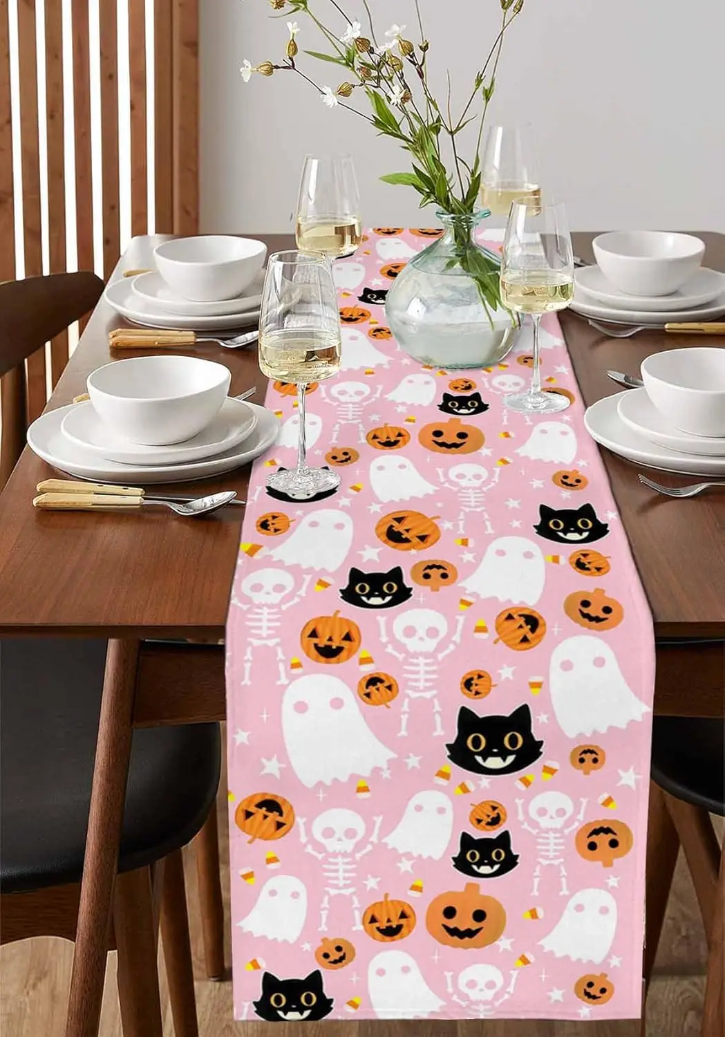 Halloween Ghost Pumpkin Cat Pink Linen Table Runner Paraty Decor Farmhouse Kitchen Dining Table Runner Halloween Decorations