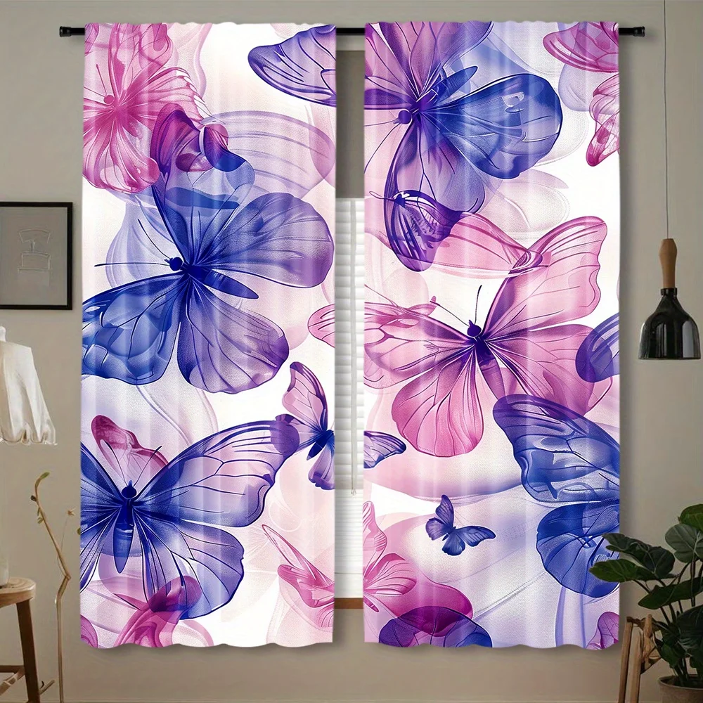 Light Transparent Purple Pink Butterfly Curtain 2 Panels Float Glossy Insect White Backdrop Inn Room Curtain Sweet Girl Bedroom