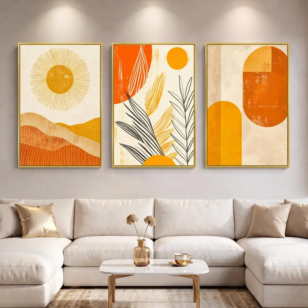Abstract Yellow Orange Tones Painting Calligraphy 3 PCS Canvas Wall Art Prints for Living Room Decor Modern Fashion Wall Decals