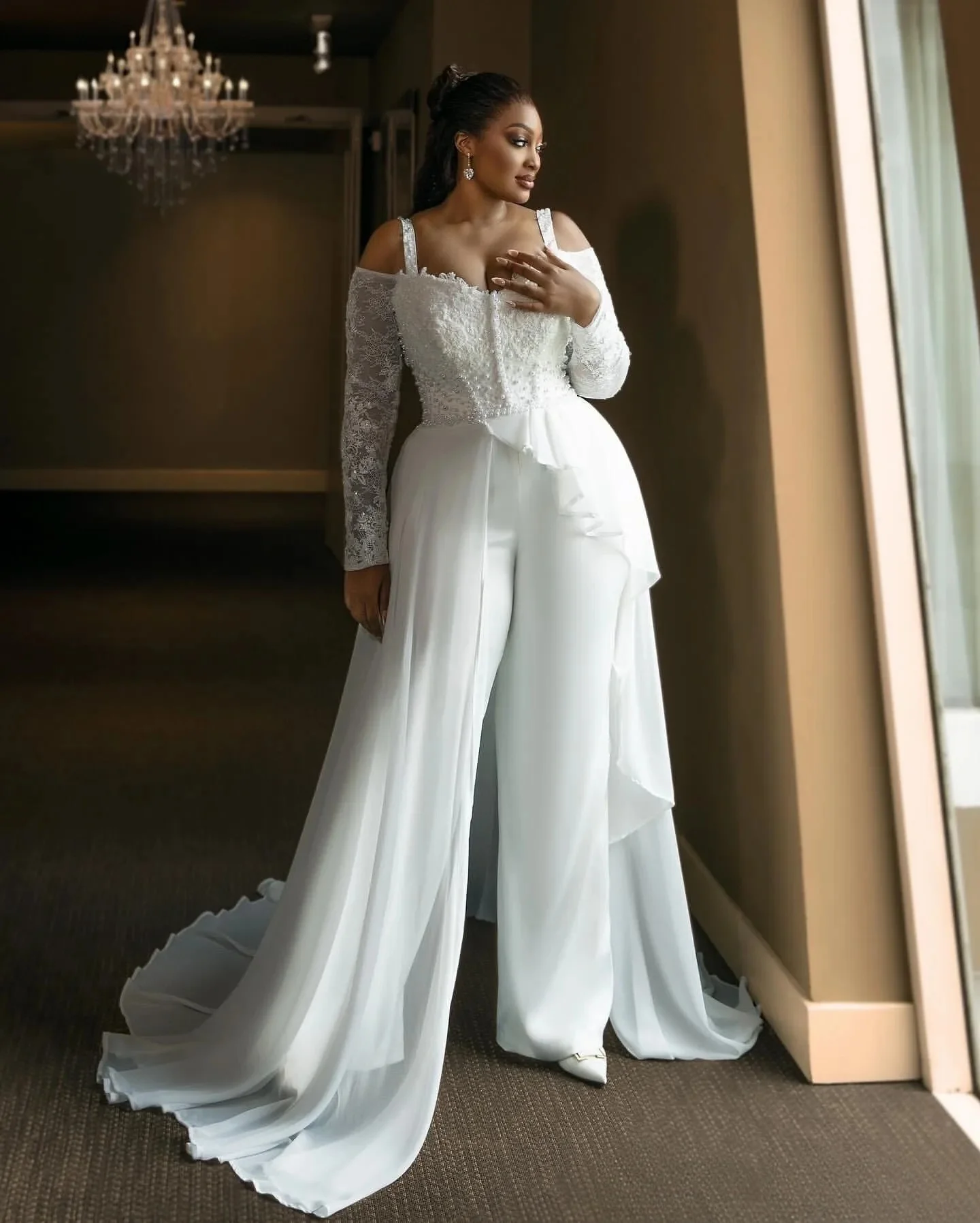 Jumpsuit South African Wedding Dresses Long Sleeves Chiffon Lace Pearls Women Bridal Wedding Gowns For Black Girls Customized