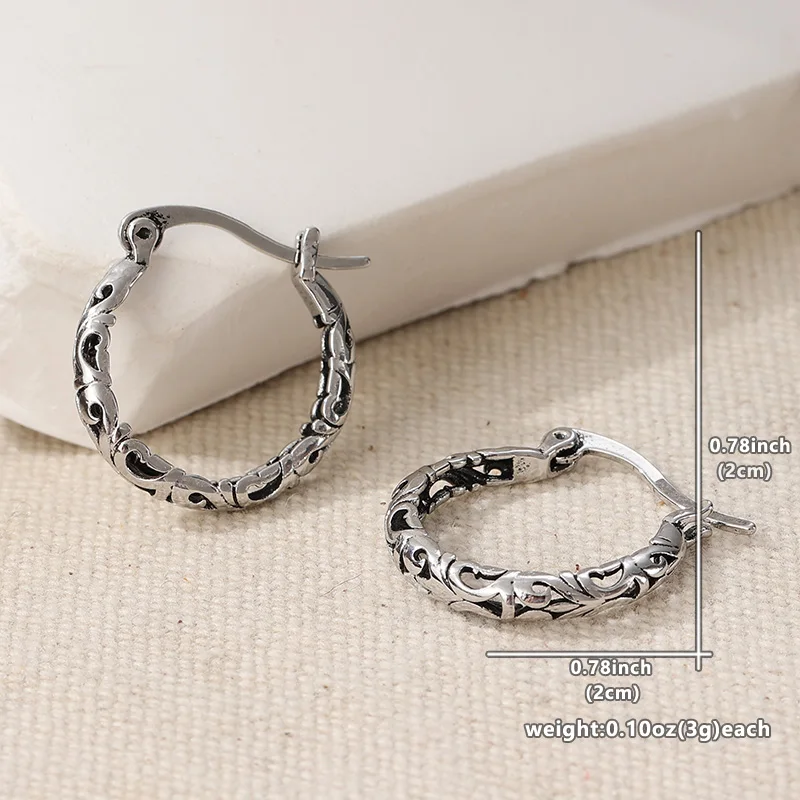Vintage Design Silver Color Women's Earrings Ethnic Geometry Metal Hand Carving Pattern Hoops Earrings Woman