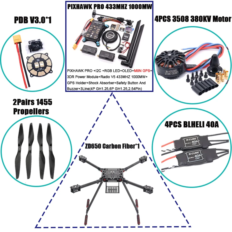 

HotRC ZD650 650mm Carbon fiber Quadcopter Frame FPV Quad with Carbon Fiber Landing Skid F650