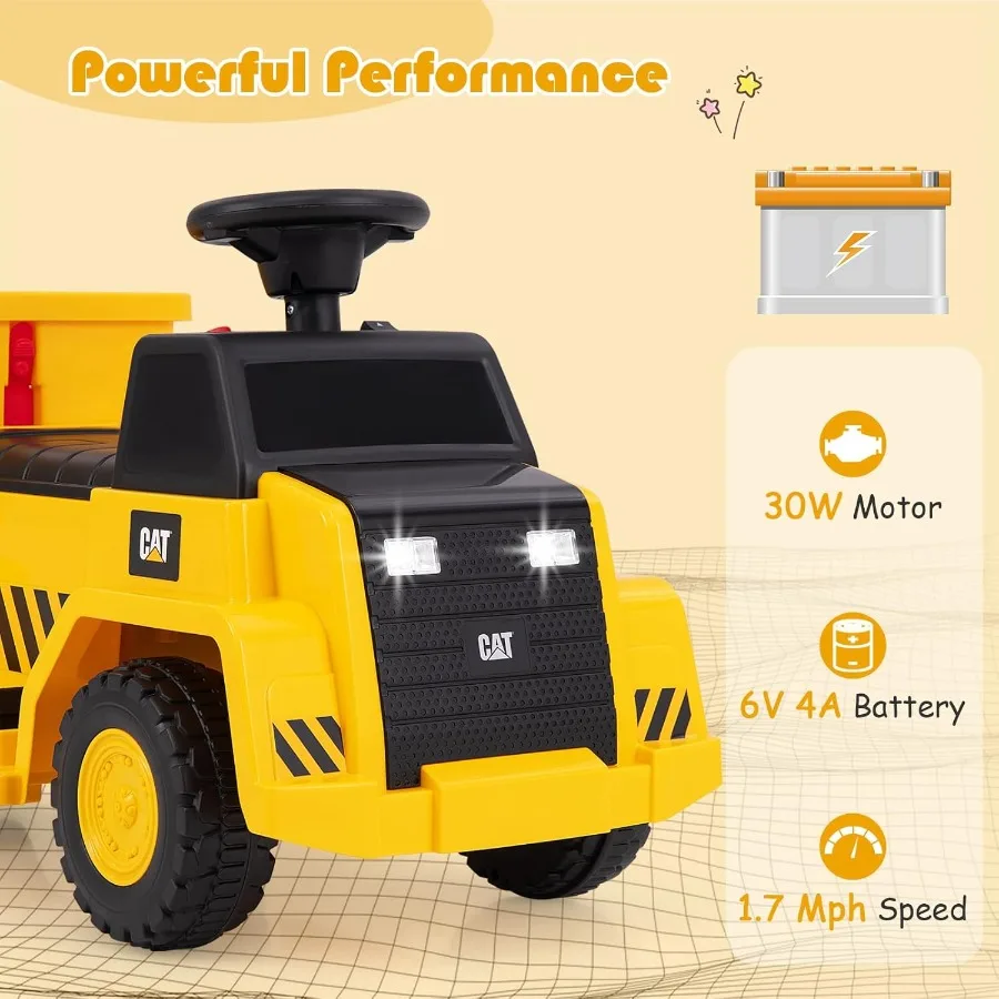 รถดัมพ์ของเล่นเด็ก 6V ลิขสิทธิ์แท้จากแคตเตอร์พิลลาร์ รถก่อสร้างของเล่นเด็ก พร้อมกระบะท้ายปรับระดับได้ แตร และไฟ LED ของขวัญแบตเตอรี่