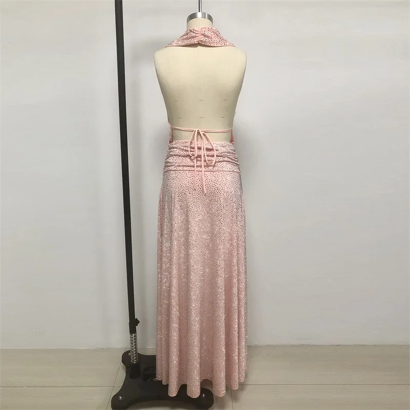 Vestido de fiesta rosa con cristales, sexy, con cuello en V, sin espalda, sin mangas, vestido largo formal para invitados de boda, vestido de novia con cordones en la espalda