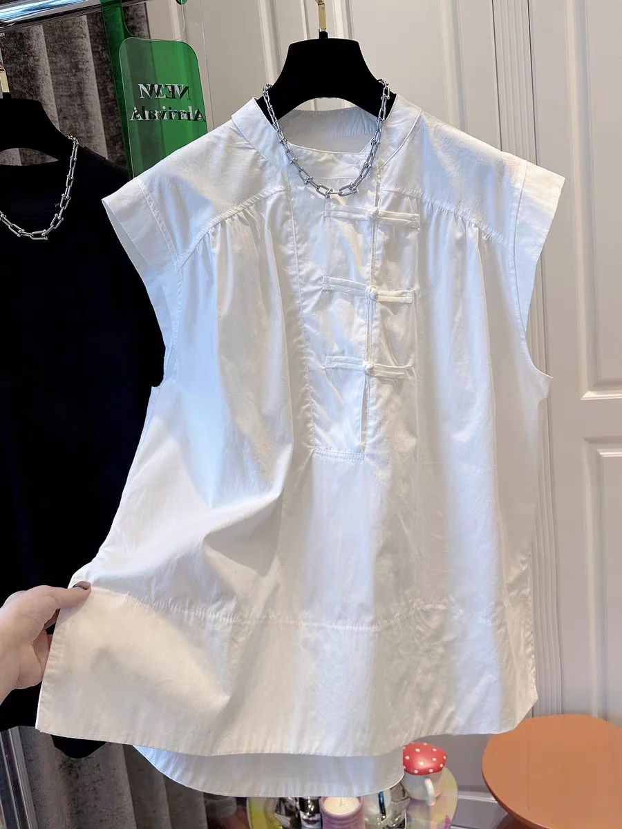 

New Chinese Sle White irt Women's Loose Casual Svel Button up Top Summer Thin round Ne Pullover Small Fly Sve