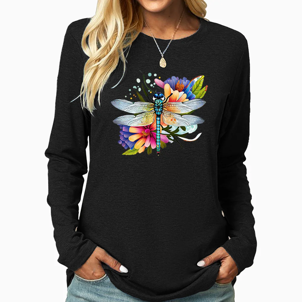 Blue Dragonfly Colorful Flower Print Women\'s T-shirt Women\'s Long Sleeve