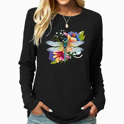 Blue Dragonfly Colorful Flower Print Women's T-shirt Women's Long Sleeve