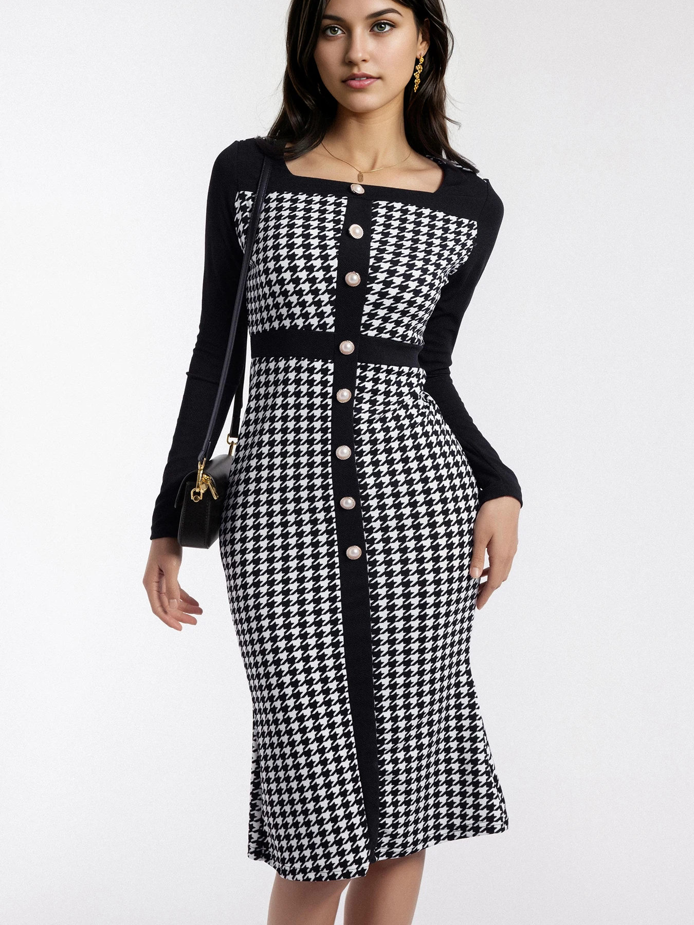 Ladies Elegant Vintage Plaid Color Block Long Dress Button Decorated Slim Fit Waist Hip Ratio Sexy Fashion Spring New Arrival