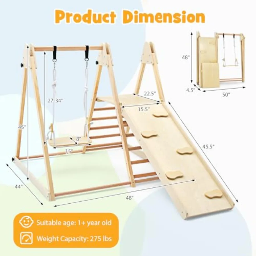 Indoor Jungle Gym Grote 5in1 Speeltuin Klimmerspeelset met Babyschommel Glijbaan Ladder en Klimmuur Opvouwbare Houten Mon